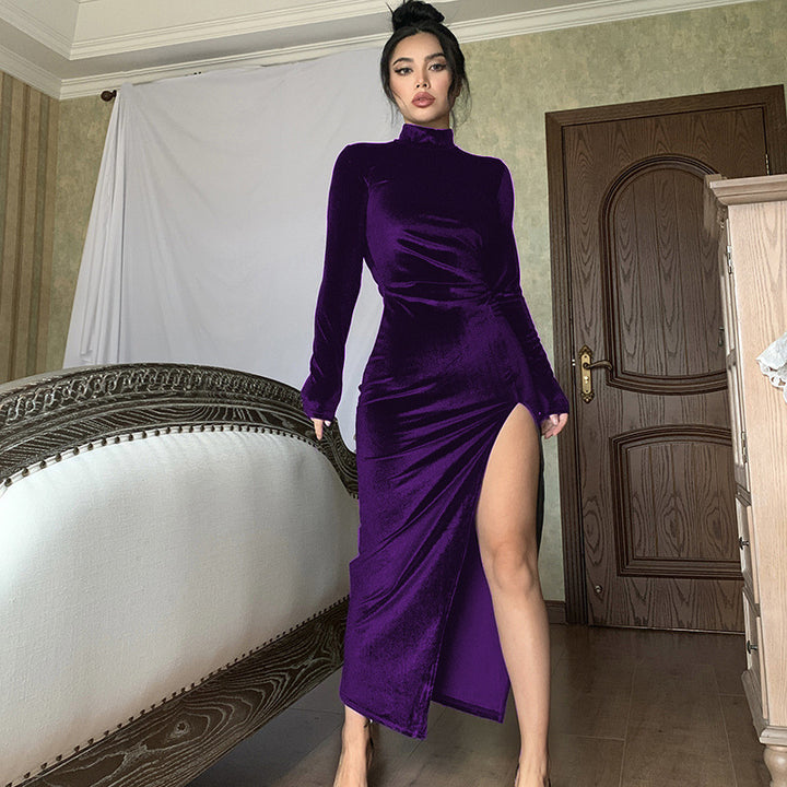 Women Elegant maxi dress with closed top design and side slit Lune London