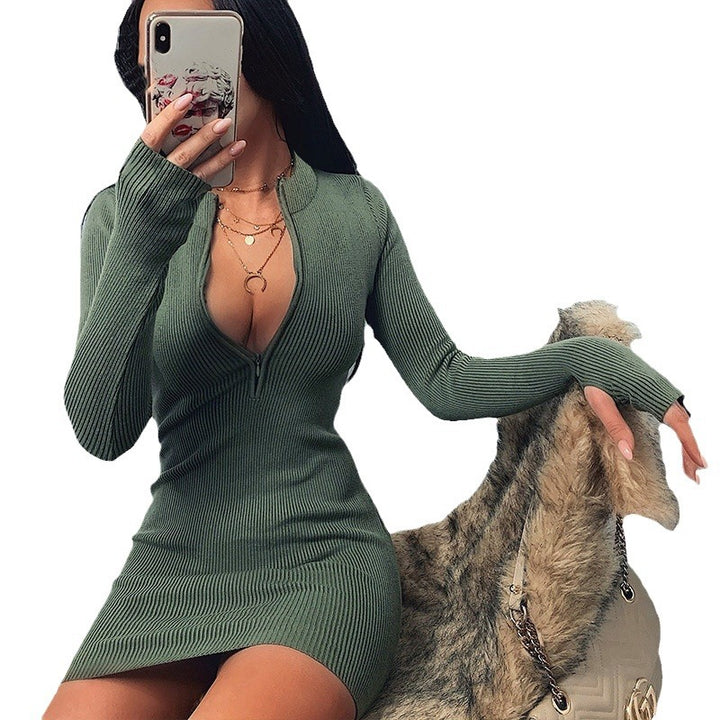 Knit dress for women with deep V neckline and long sleeves Lune London