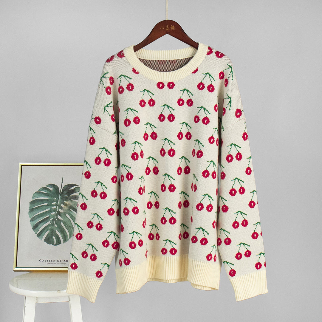 Ladies Cozy Knitted Sweater with Cherry Pattern Lune London