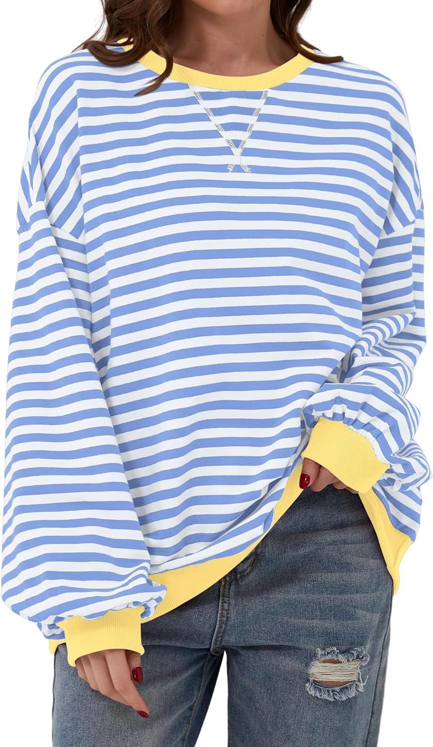 Casual striped sweater for women with flared sleeves and contrasting edges Lune London
