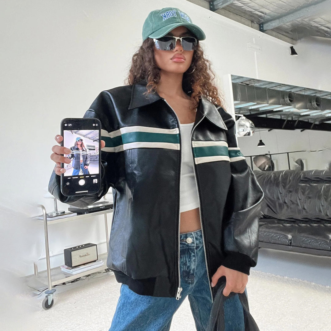 Faux leather fashion jacket for women with a sporty striped design and a relaxed fit Lune London