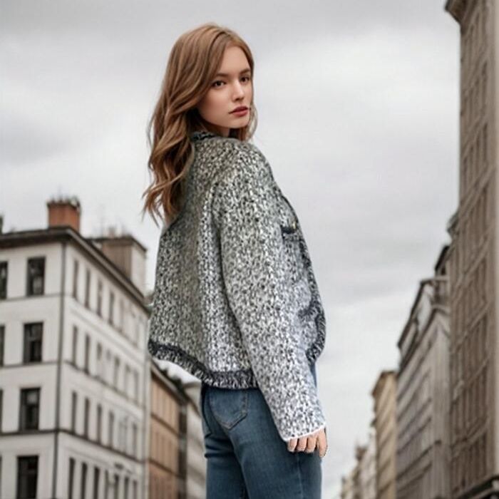 Women's knit jacket with fringe details and knee-height pockets Lune London