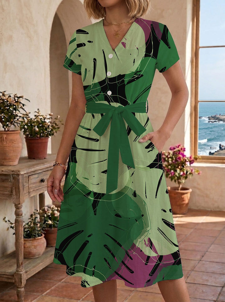 Women's casual maxi dress with adjustable knot and decorative check pattern Lune London
