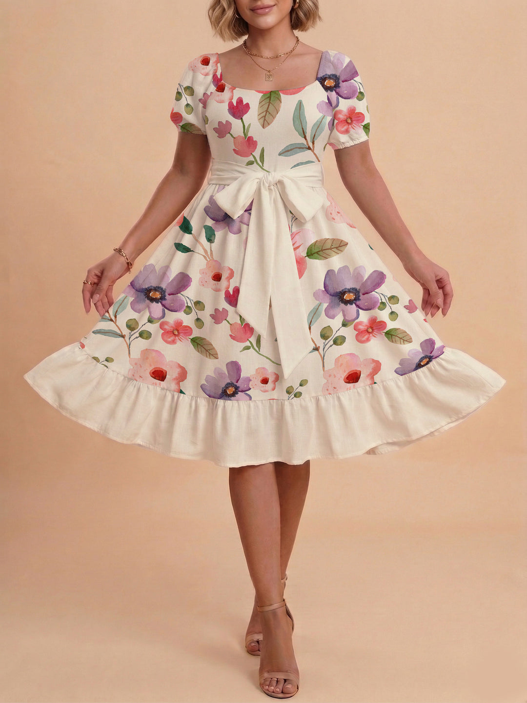 Women's elegant maxi dress with floral design and waist belt Lune London