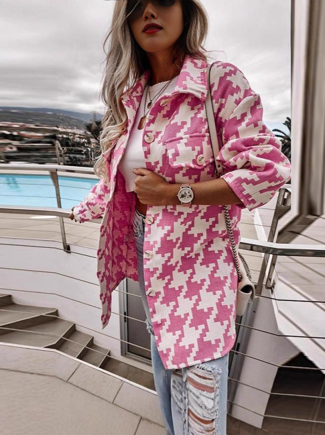 Oversized shirt jacket for women in a modern houndstooth check design Lune London
