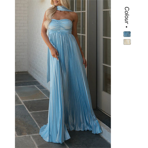Women's Long Sleeve Maxi Dress with Elegant Pleated Skirt and Off-Shoulder Silhouette