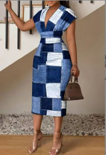 Chic and Style Women's Patchwork Denim Midi Dress