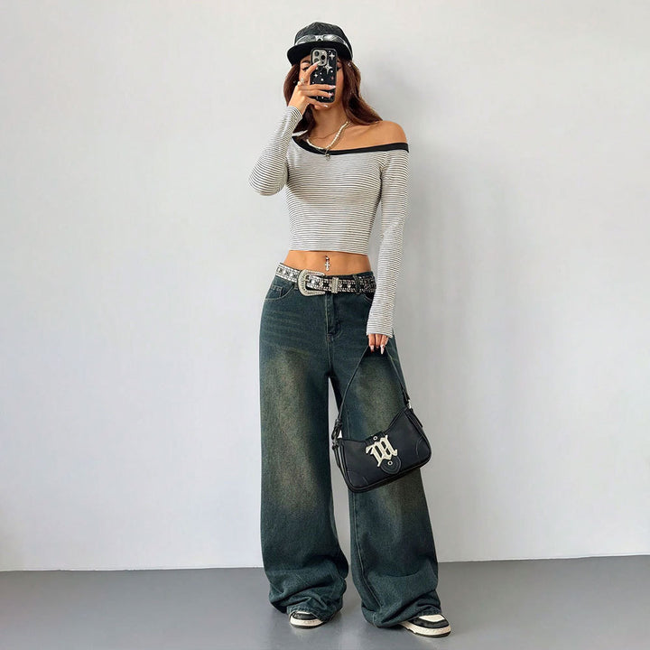 Chemisier à manches longues sans épaules pour femmes avec design rayé Chic & Stil