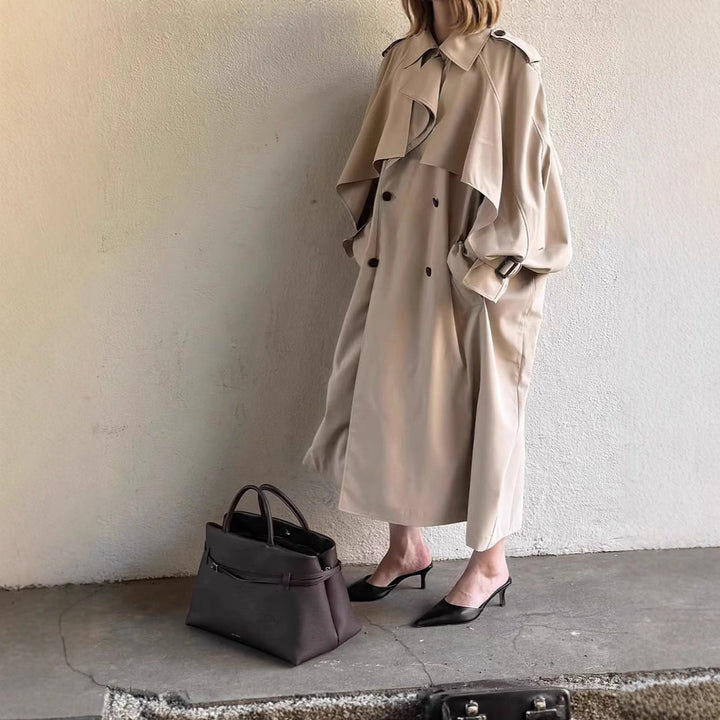Oversized trench coat for women with richly detailed drapery and trendy cut Lune London