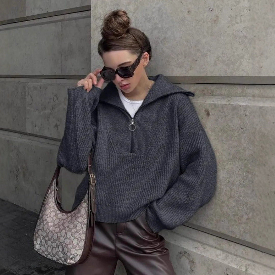 pull en tricot chunky pour femmes avec col montant et fermeture éclair Chic & Stil
