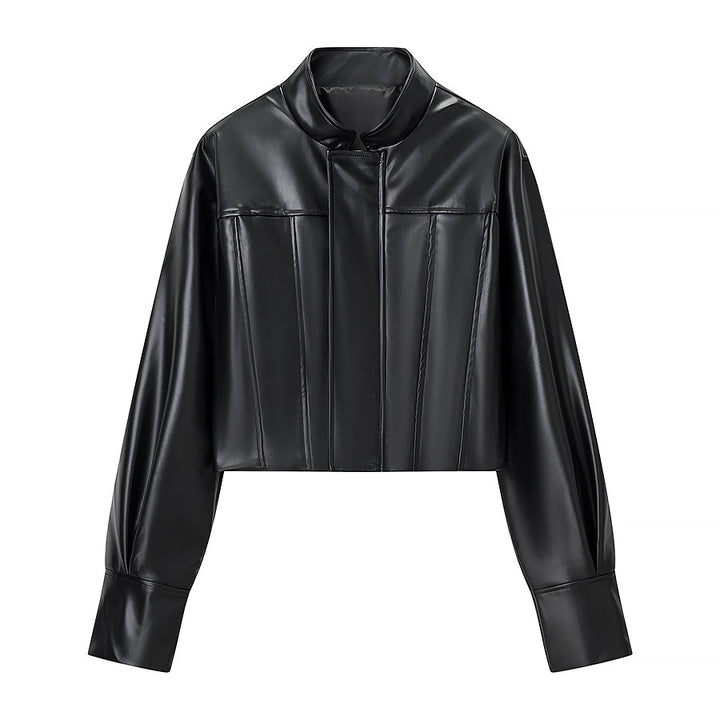 Veste en cuir synthétique élégante pour femmes avec col relevé élégant et design texturé Chic & Stil