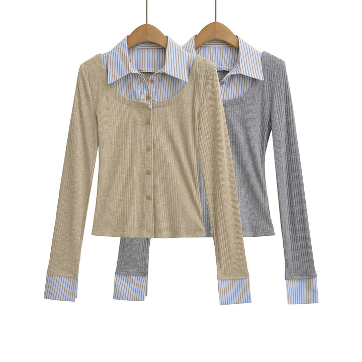 Ladies long sleeve t-shirt with elegant button placket and striped patterns Lune London