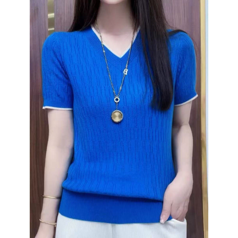 Women’s short sleeve V-neck knit top Lune London