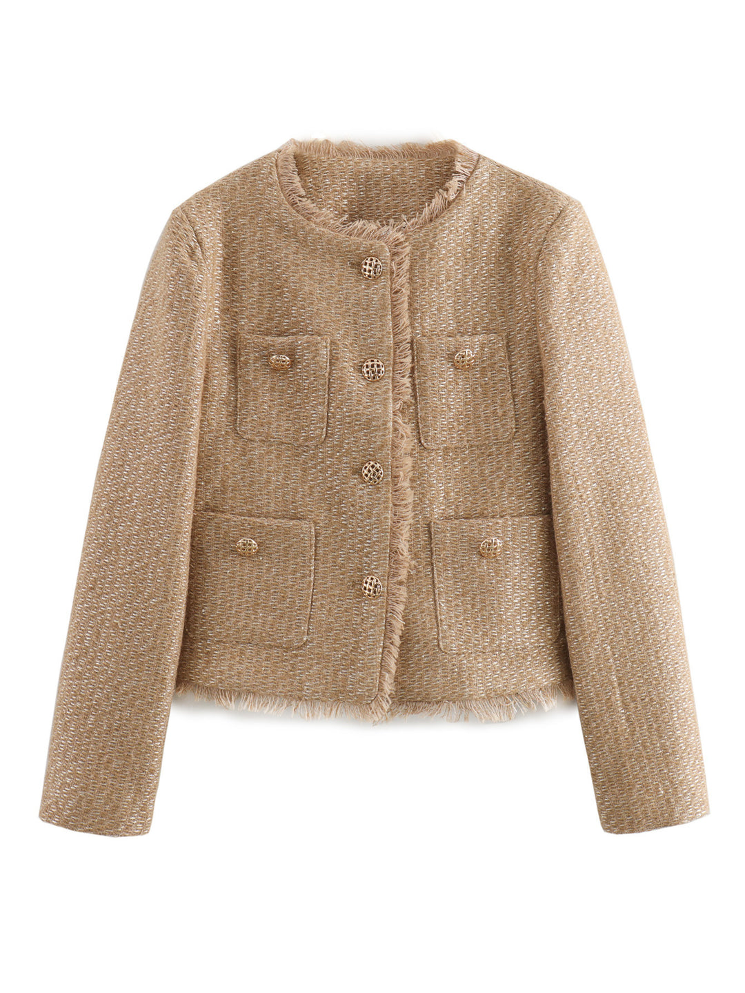 Elegant tweed jacket for women with fringes and decorative buttons Lune London