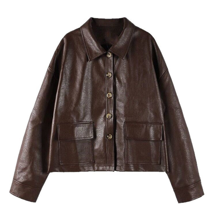 Veste en cuir courte pour femmes avec des détails de boutons décoratifs Chic & Stil
