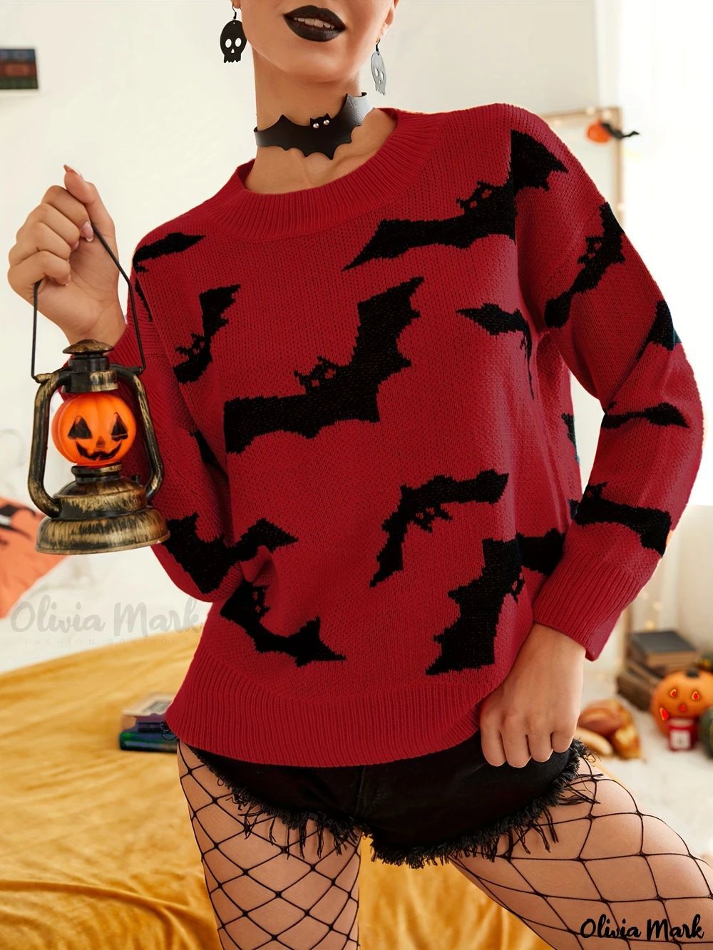 Pull Halloween pour femmes avec motif de chauve-souris amusant Chic & Stil