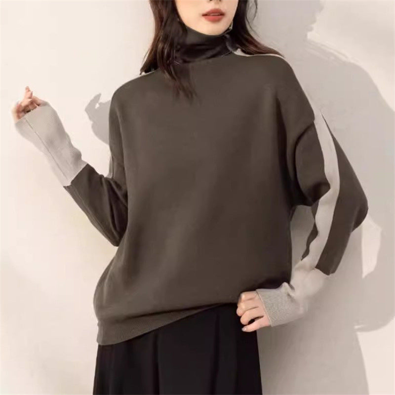 Femme Pull Col Roulé Décontracté avec Manches Contrastées Chic & Stil