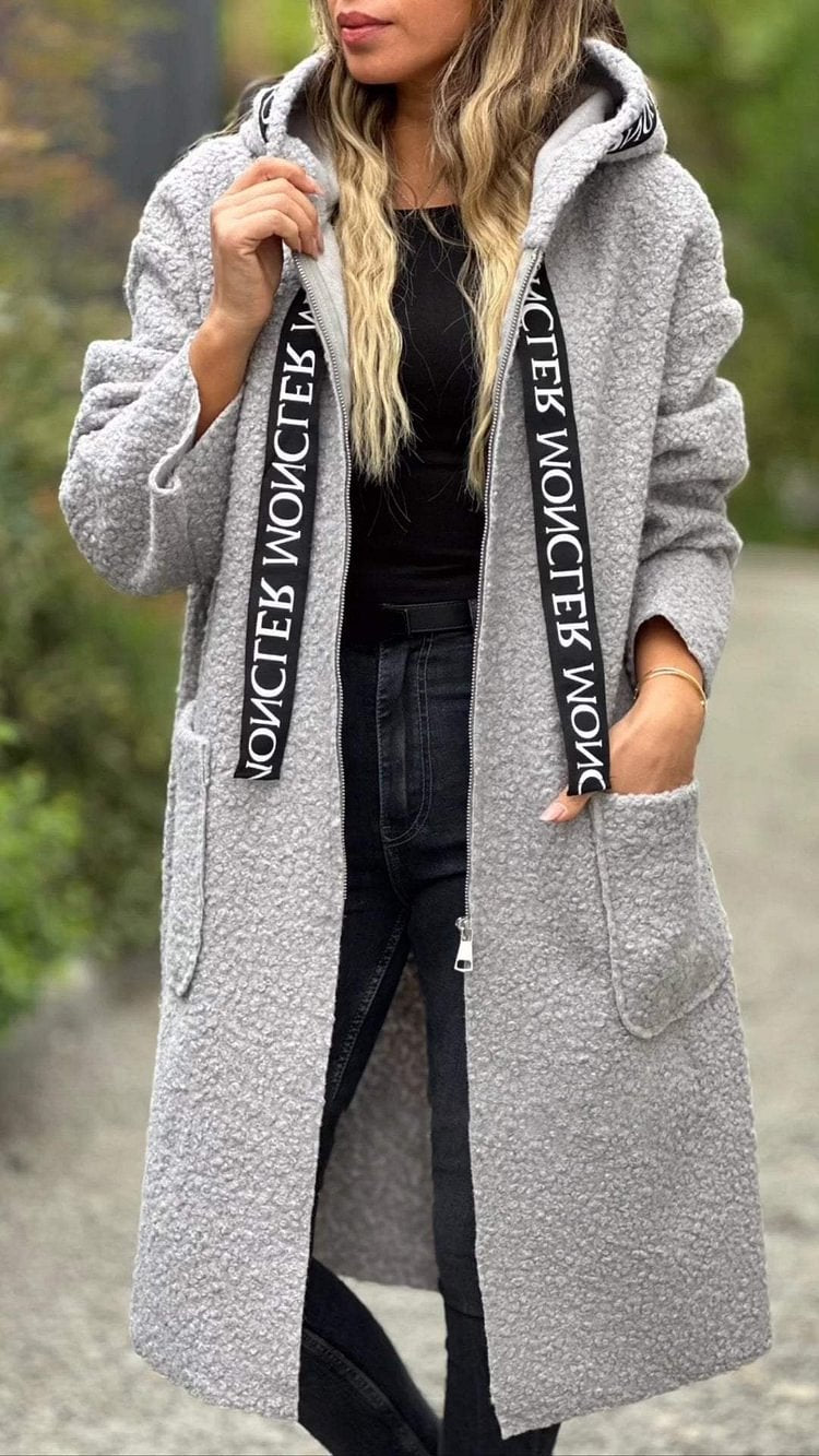 Long fleece coat for women with hood and convenient pockets Lune London
