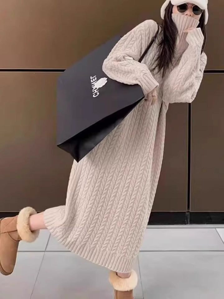 Knit dress for women with high collar and modern cable pattern Lune London