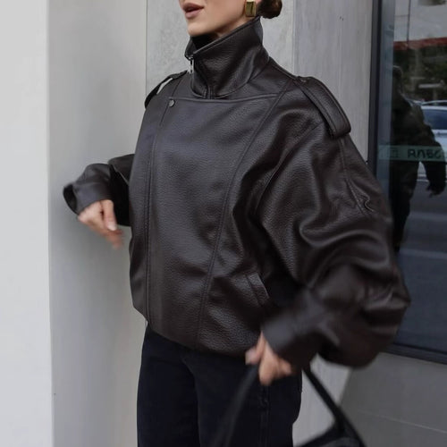 Casual faux leather biker jacket for women with practical pockets and elastic belt Lune London