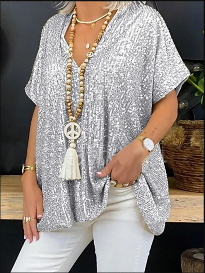 Women Sparkling Sequin Top with Casual Cut and V-Neck Lune London