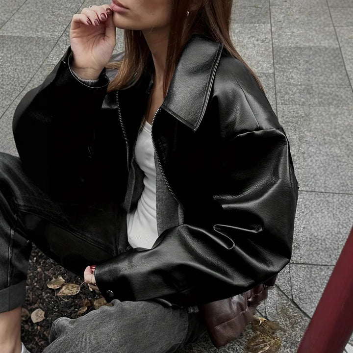 Fashion faux leather jacket for women with a relaxed fit and practical pockets Lune London