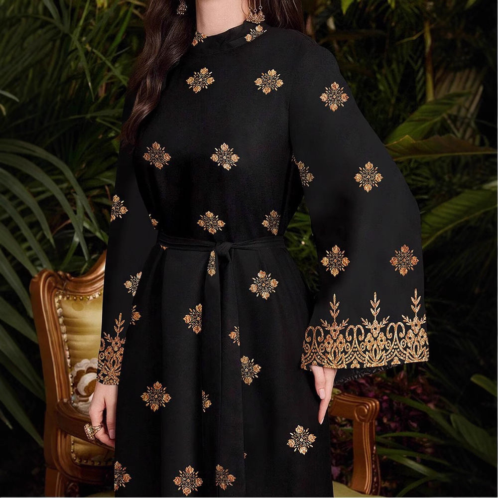 Evening party dress for women with an elegant gold and floral pattern Lune London