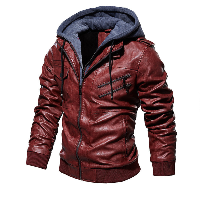 Casual synthetic leather jacket for men with removable hood and multiple pockets Lune London