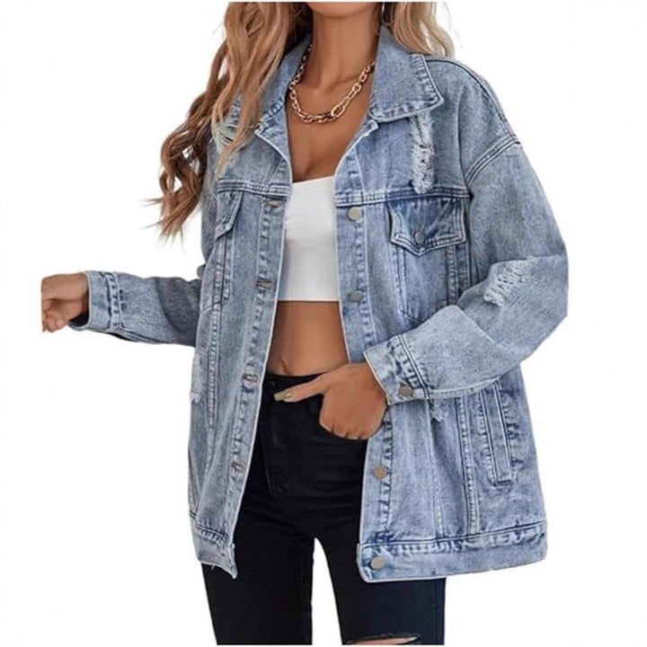 Casual oversized denim jacket for women with distressed details and high-quality metal buttons Lune London