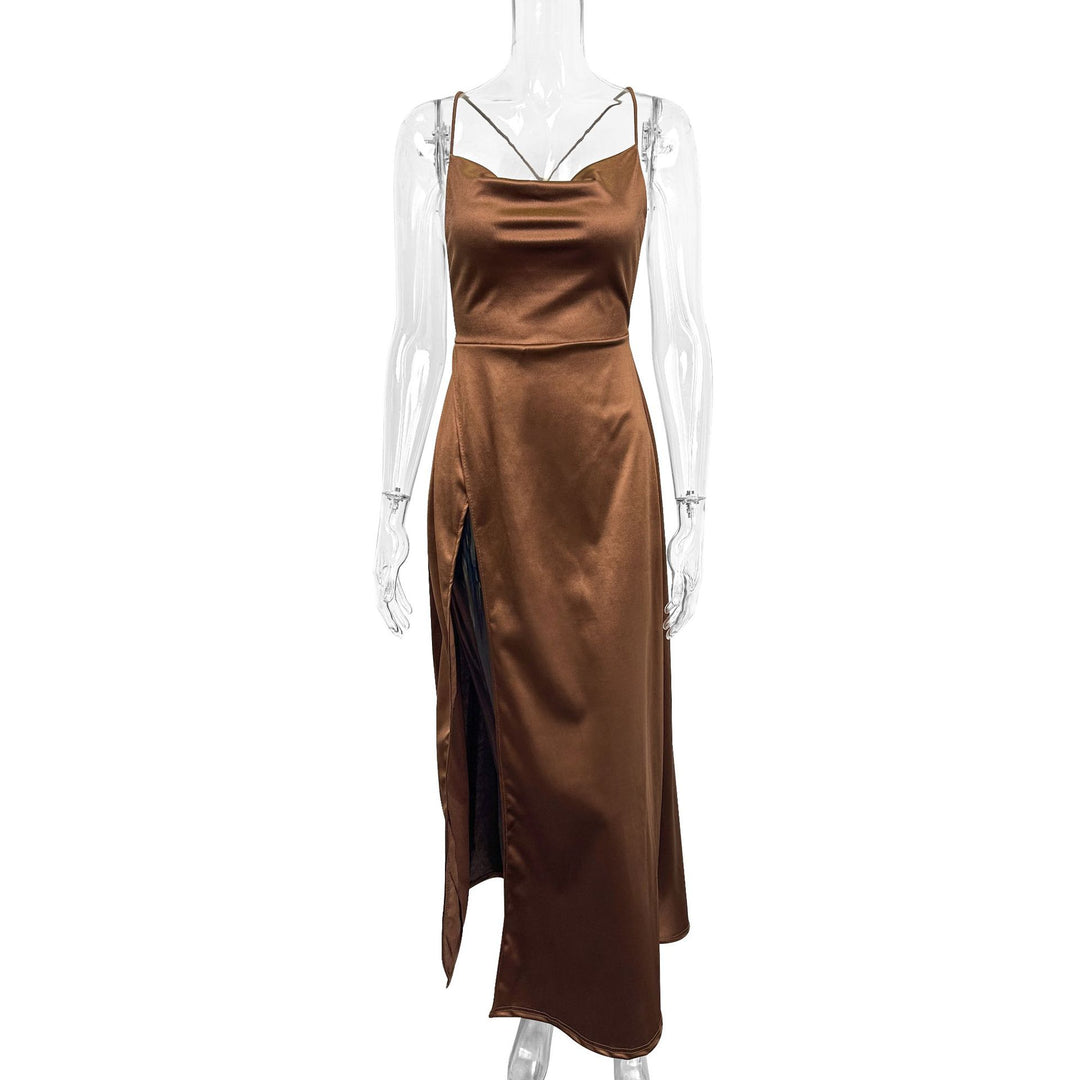 Ladies Elegant Maxi Dress with Deep Neckline and High Slit Lune London