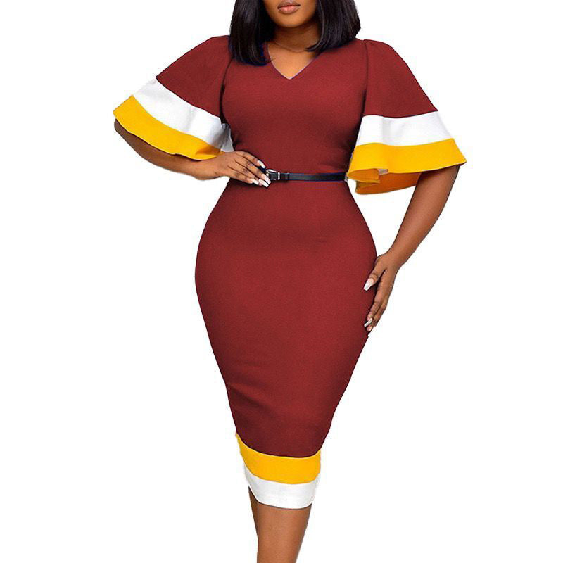 Ladies Elegant V Neck Dress with Contrasting Flutter Sleeves and Chic Waist Belt