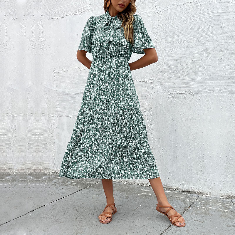 Maxi ruffled dress for women with bow collar Lune London