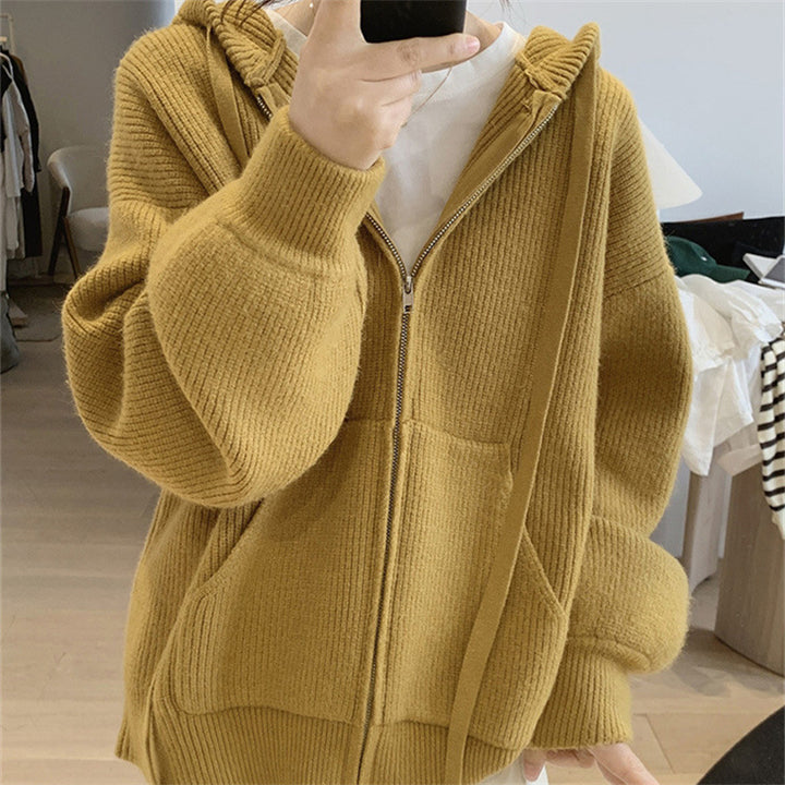 Hooded jacket for women with a trendy ribbed knit design and practical pockets Lune London