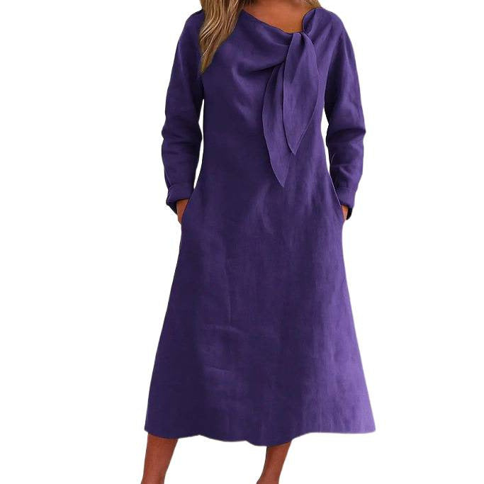 Elegant linen dress for women with asymmetric collar and shawl collar Lune London