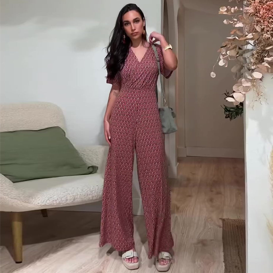 Women's jumpsuit with elastic waistband and deep V-neck Lune London