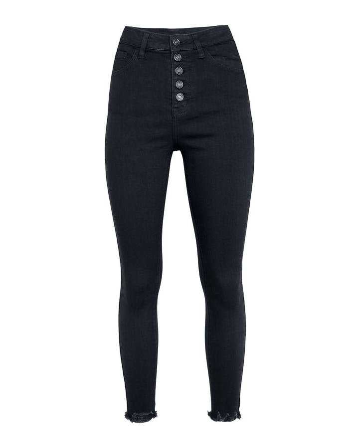High waisted jeans for women with a modern cut featuring button detail and frayed hem Lune London