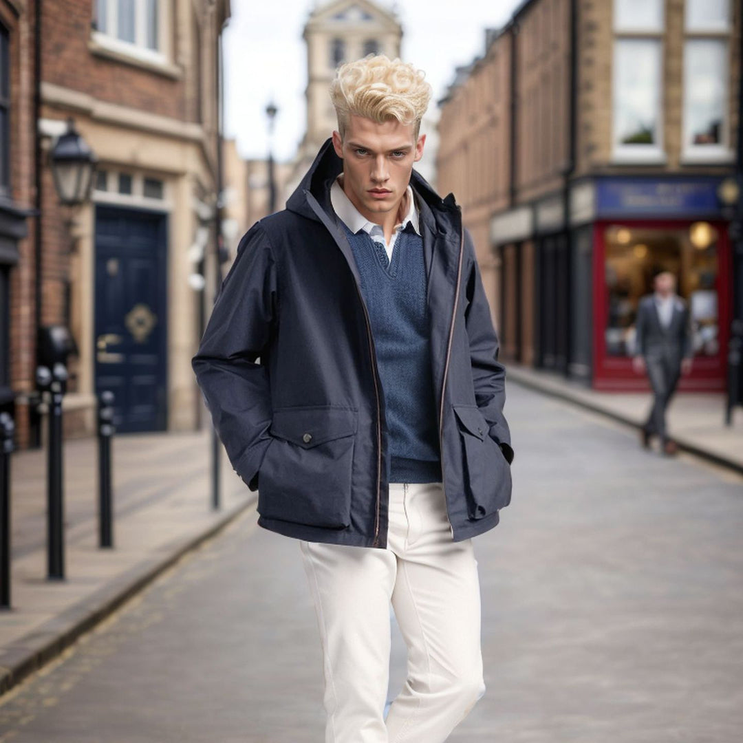 Functional transition jacket for men with adjustable hood collar Lune London