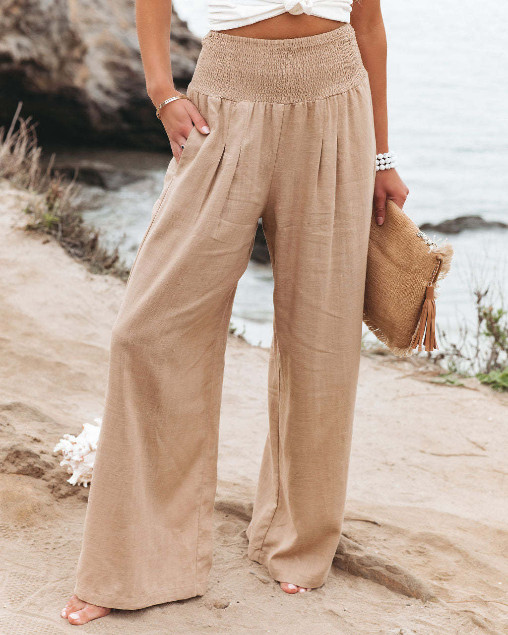 Summer pants for women, loose fit, with elastic waist and tightening details Lune London