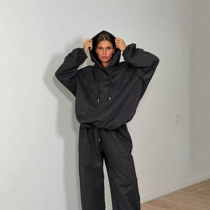 Women Urban Oversized Sweatshirt Set with Shiny Chic Accents and Style