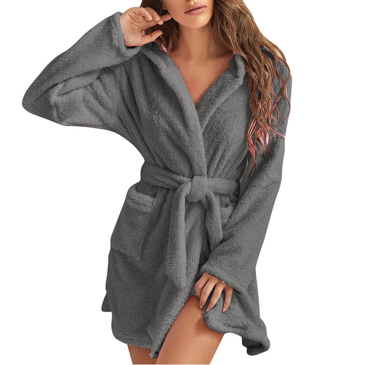 Women’s cozy fleece bathrobe with hood and belt Lune London