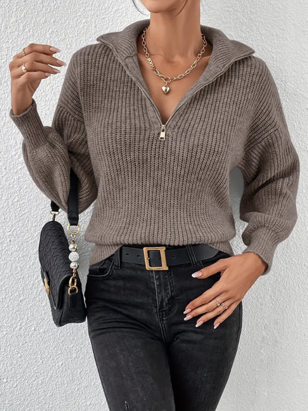 Women's Fashionable Sweater with High Collar and Zipper Lune London