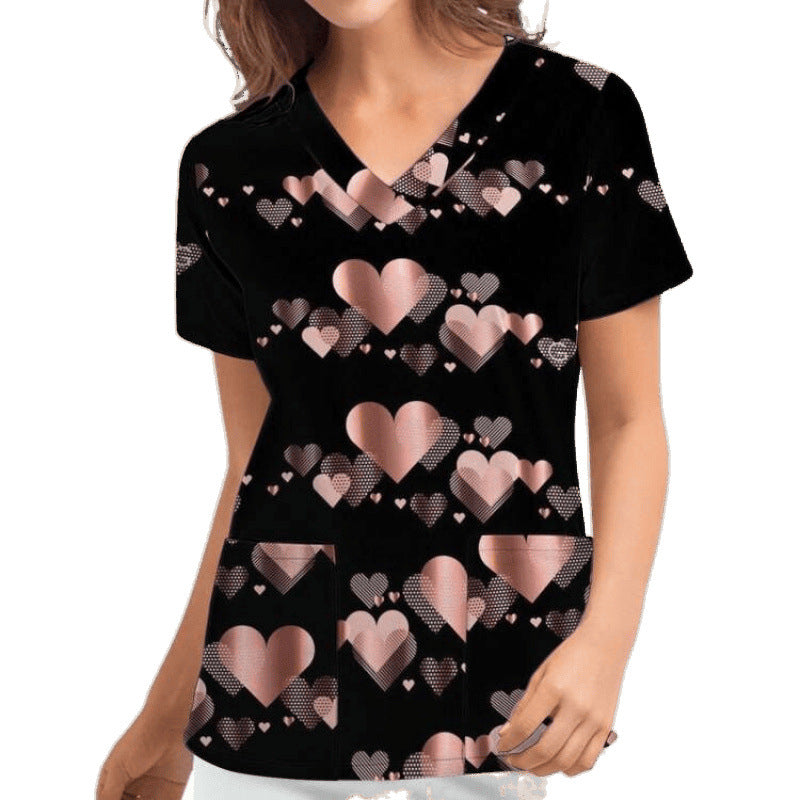 Women V Neck Heart Pattern Chic Medical Blouse and Style