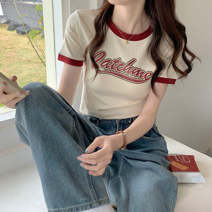 Women’s Casual Crop Top with Contrasting Sleeves and Creative Print Lune London