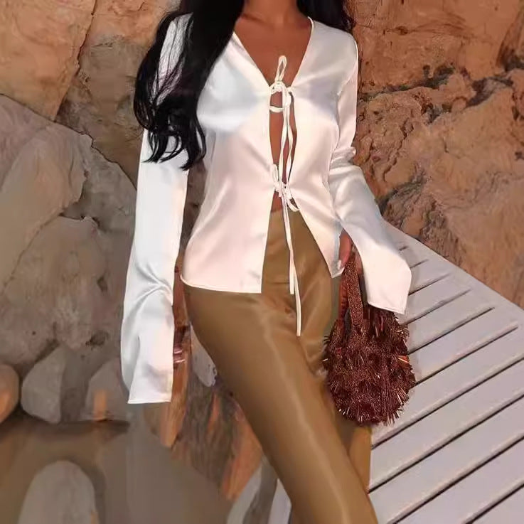 Lune London women's satin blouse with deep V-neck and ties