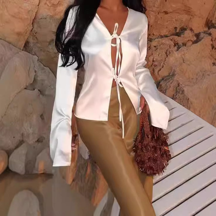 Lune London women's satin blouse with deep V-neck and ties