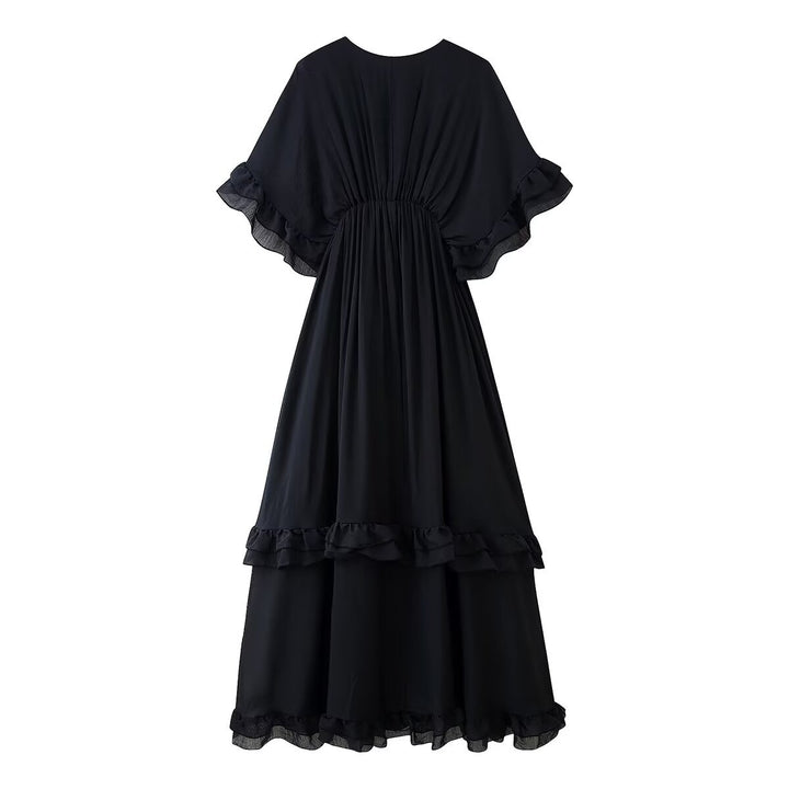 Maxi dress for women with voluminous ruffle details and an elegant V-neck Lune London
