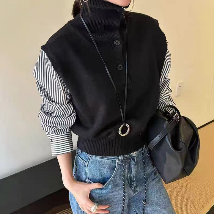 Gilet à col roulé à la mode pour femmes avec des manches de chemise et des détails de boutons Chic & Stil