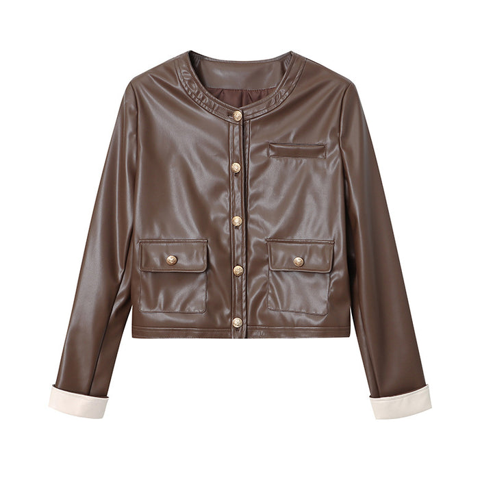 Ladies fashionable faux leather jacket with diagonal cuts Chic & Stil