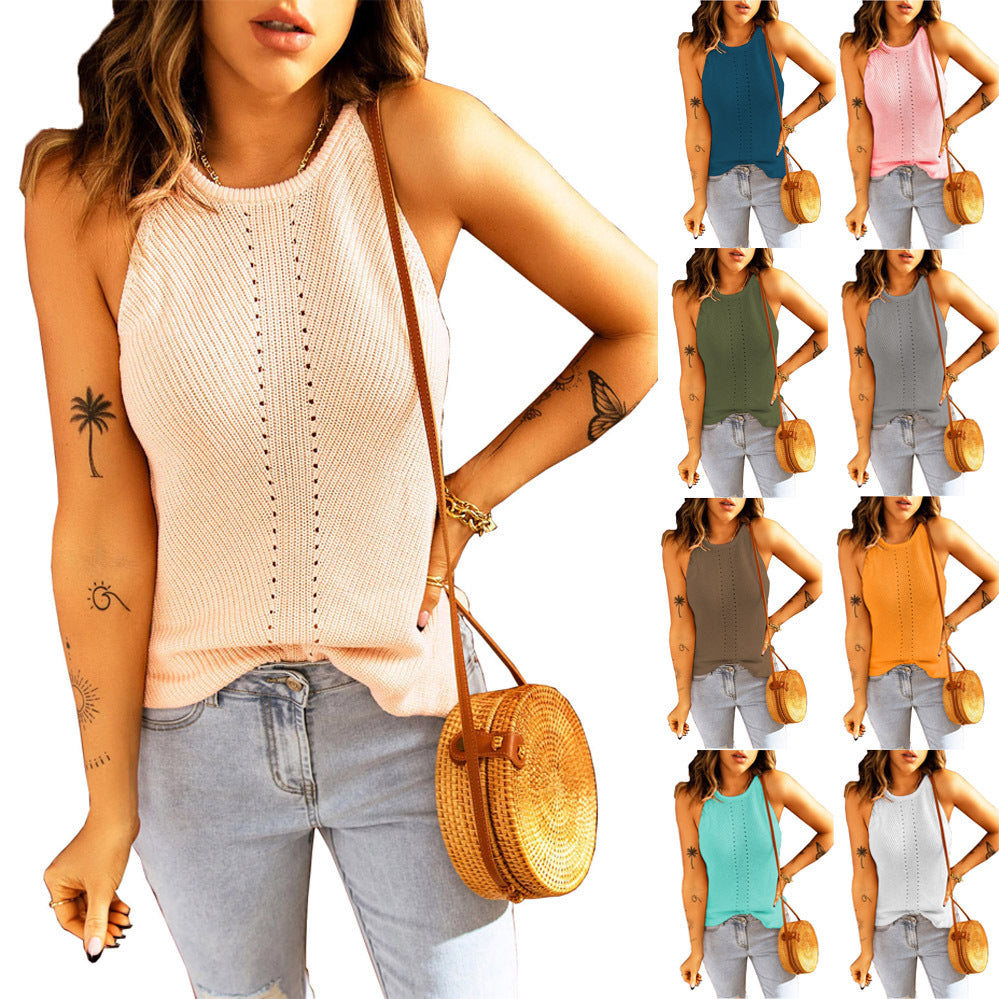 Sleeveless knitted tank top for women with structured ribbed look and decorative openwork pattern Lune London