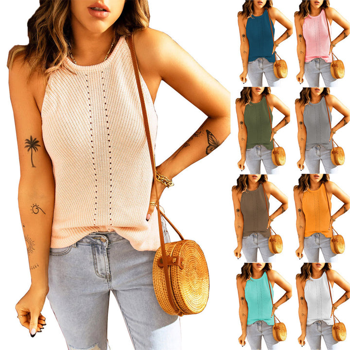Sleeveless knitted tank top for women with structured ribbed look and decorative openwork pattern Lune London